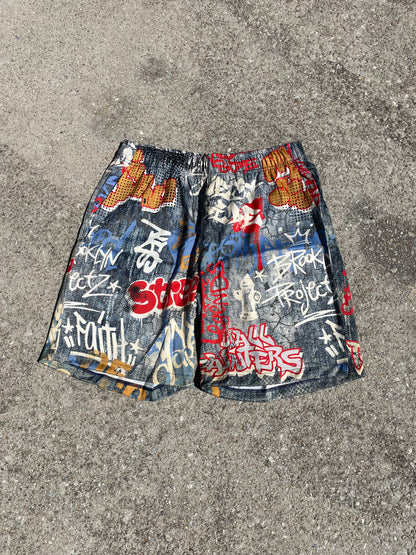 Graffiti Blue Satin Shorts