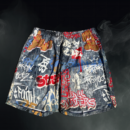 Graffiti Blue Satin Shorts